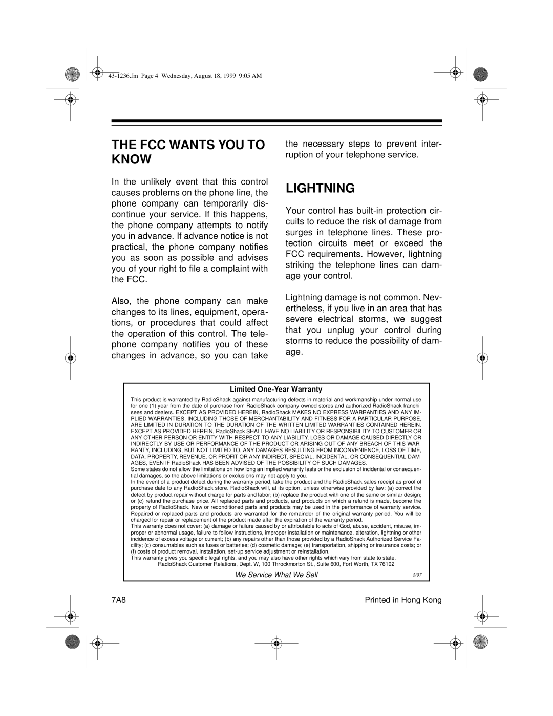 Radio Shack 43-1236 user service FCC Wants YOU to Know, Lightning 