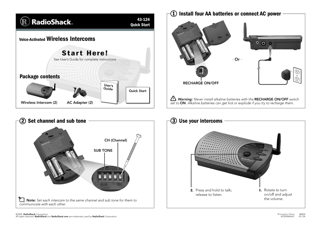 Radio Shack 43-124 quick start Star t Here, Set channel and sub tone, Use your intercoms 