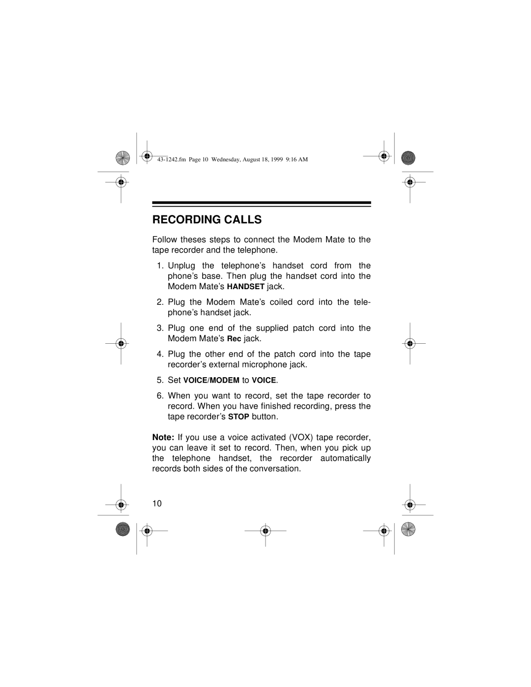 Radio Shack 43-1242 owner manual Recording Calls 