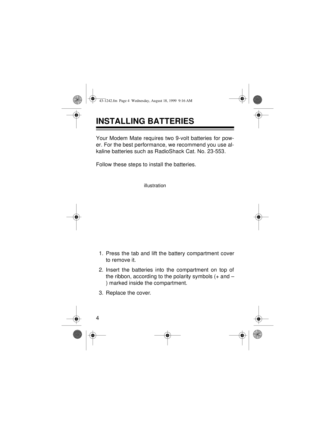 Radio Shack 43-1242 owner manual Installing Batteries 