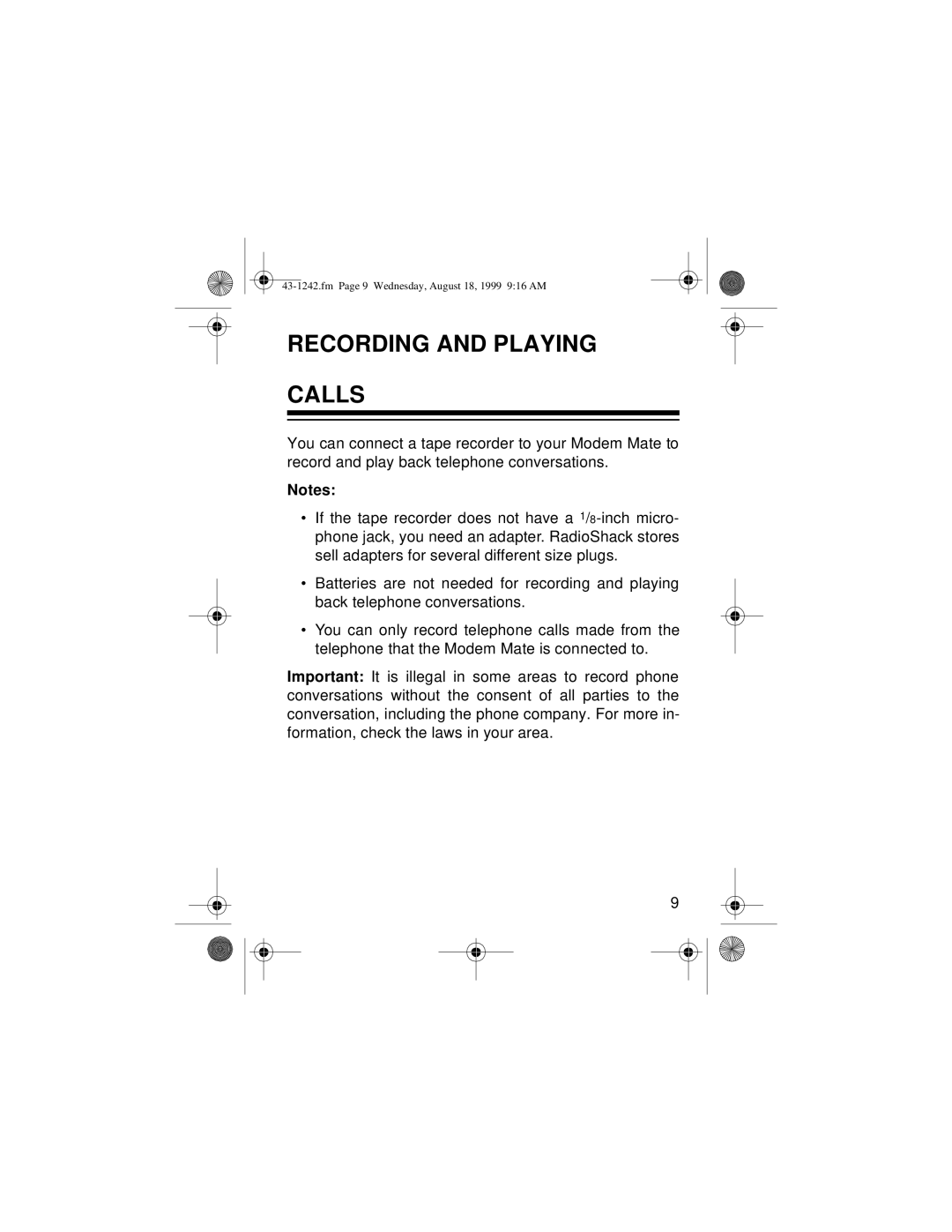 Radio Shack 43-1242 owner manual Recording and Playing Calls 