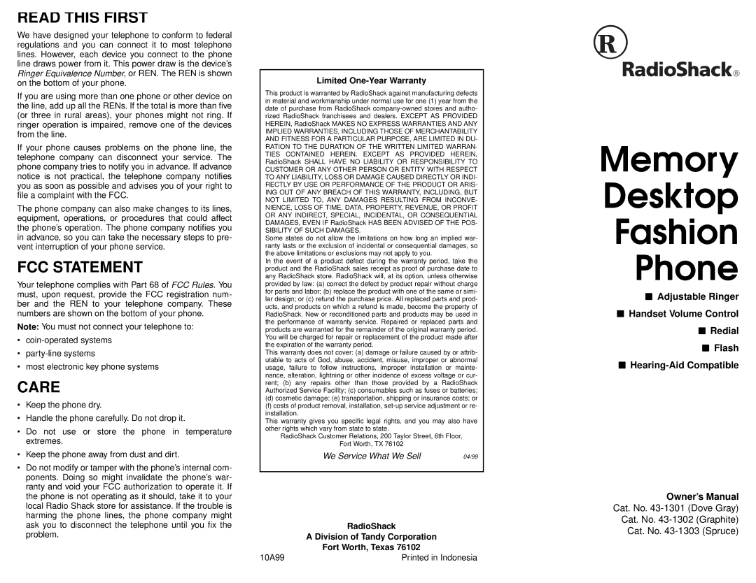 Radio Shack 43-1301, 43-1303, 43-1302 owner manual Read this First, FCC Statement, Care 