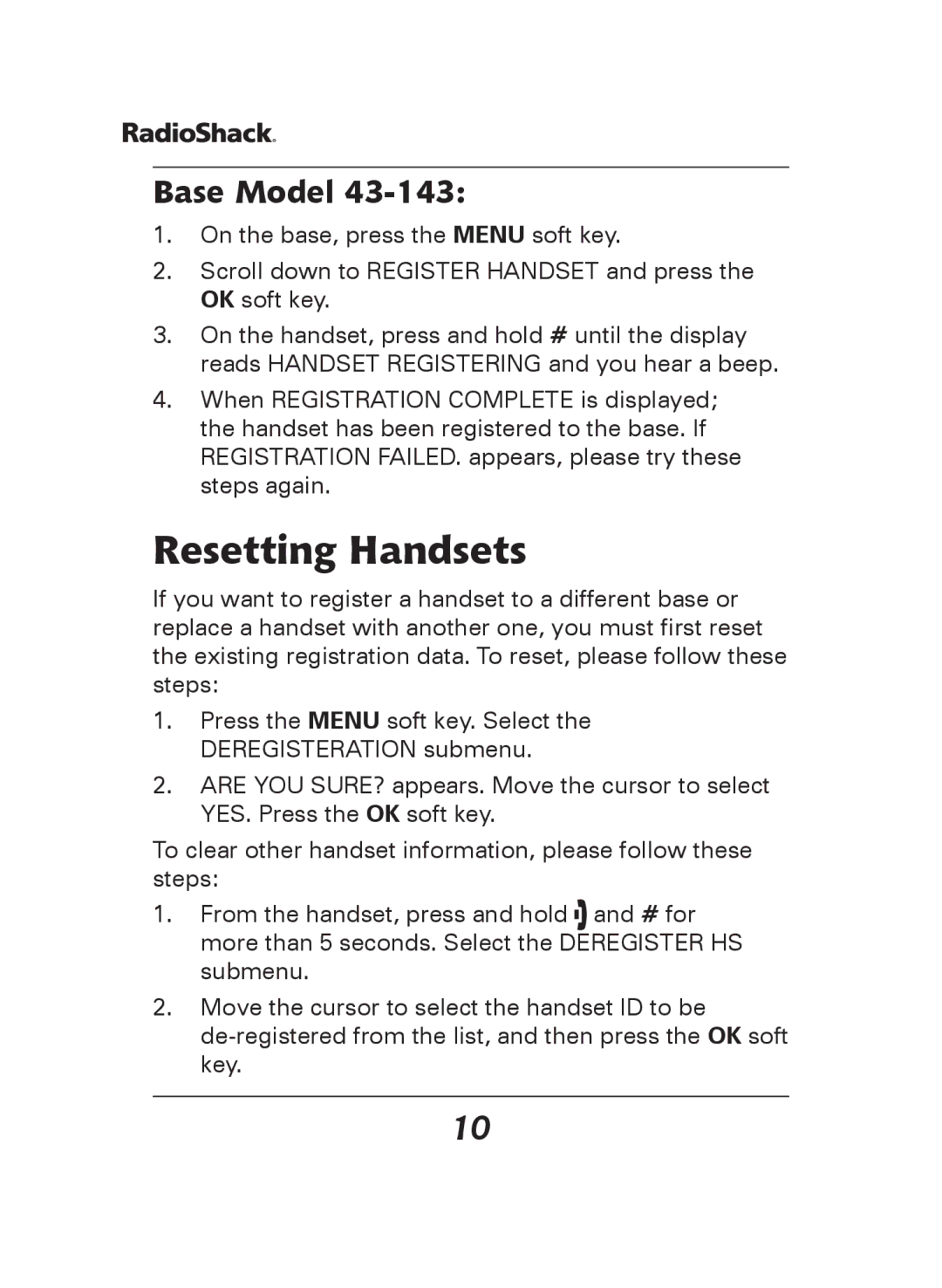 Radio Shack 43-141, 43-144 manual Resetting Handsets, Base Model 