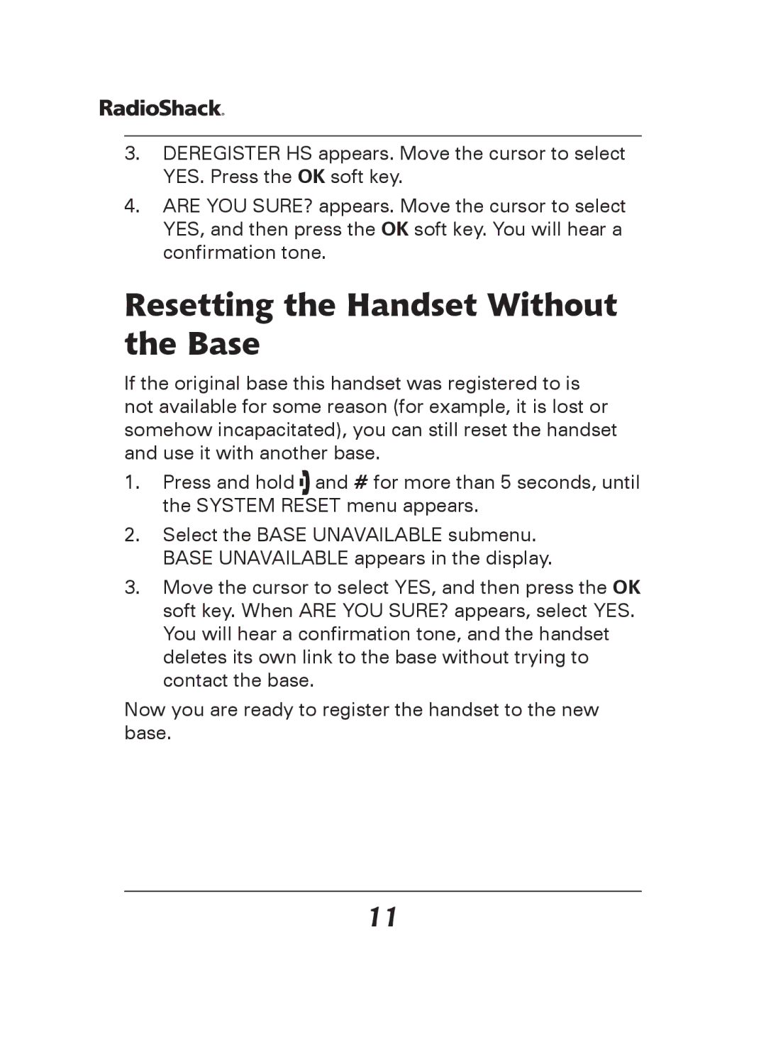 Radio Shack 43-144, 43-141 manual Resetting the Handset Without the Base 