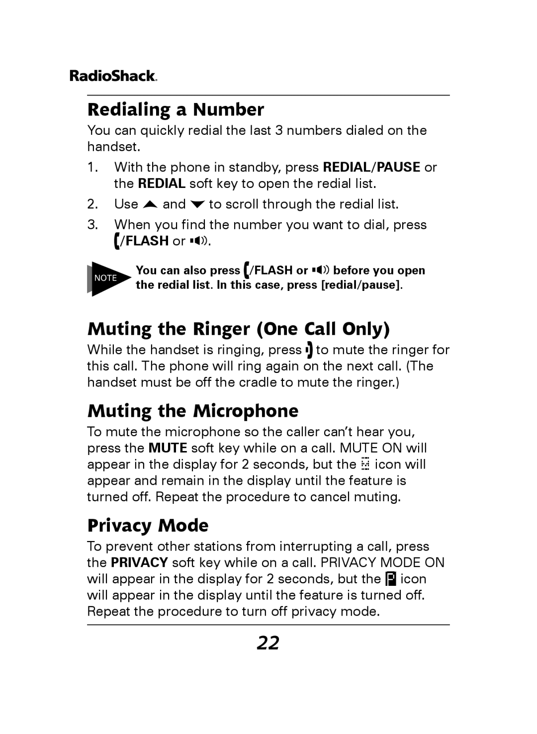 Radio Shack 43-141, 43-144 manual Redialing a Number, Muting the Ringer One Call Only, Muting the Microphone, Privacy Mode 