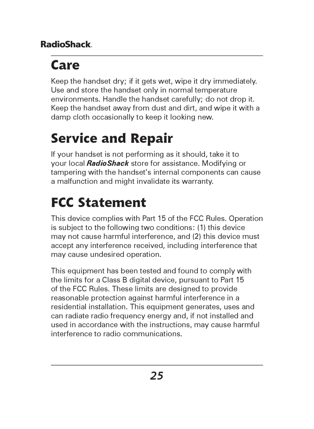 Radio Shack 43-144, 43-141 manual Care, Service and Repair, FCC Statement 