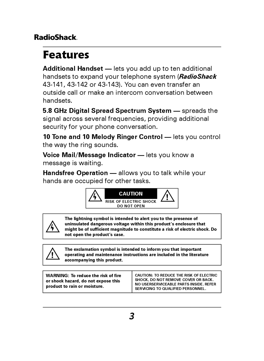 Radio Shack 43-144, 43-141 manual Features 