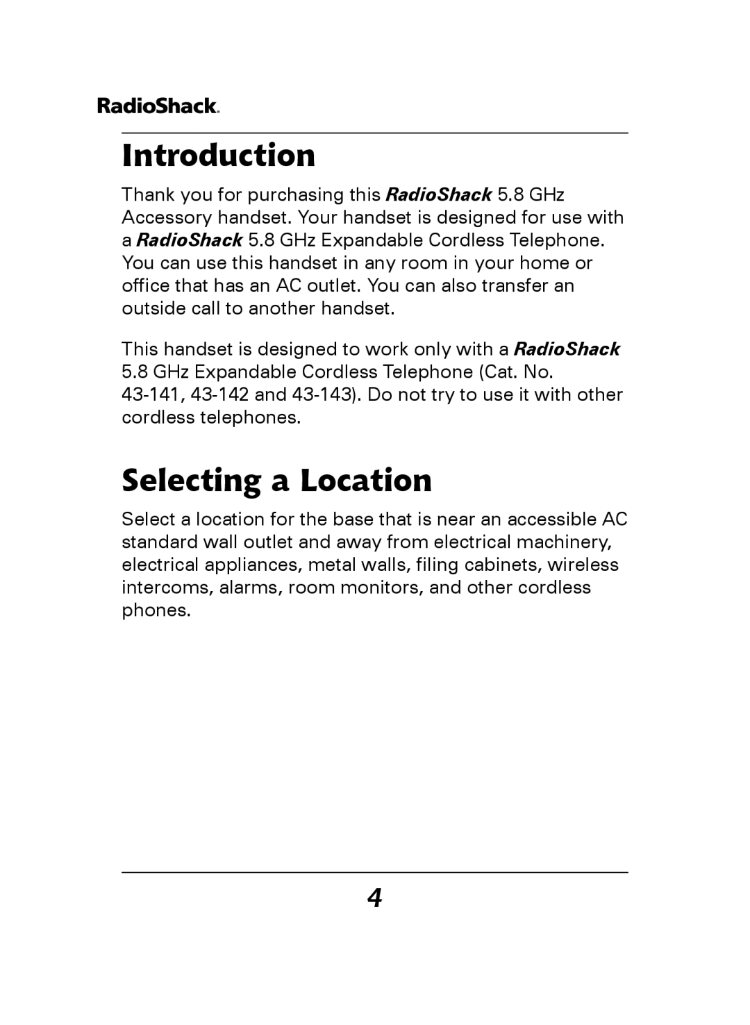 Radio Shack 43-141, 43-144 manual Introduction, Selecting a Location 