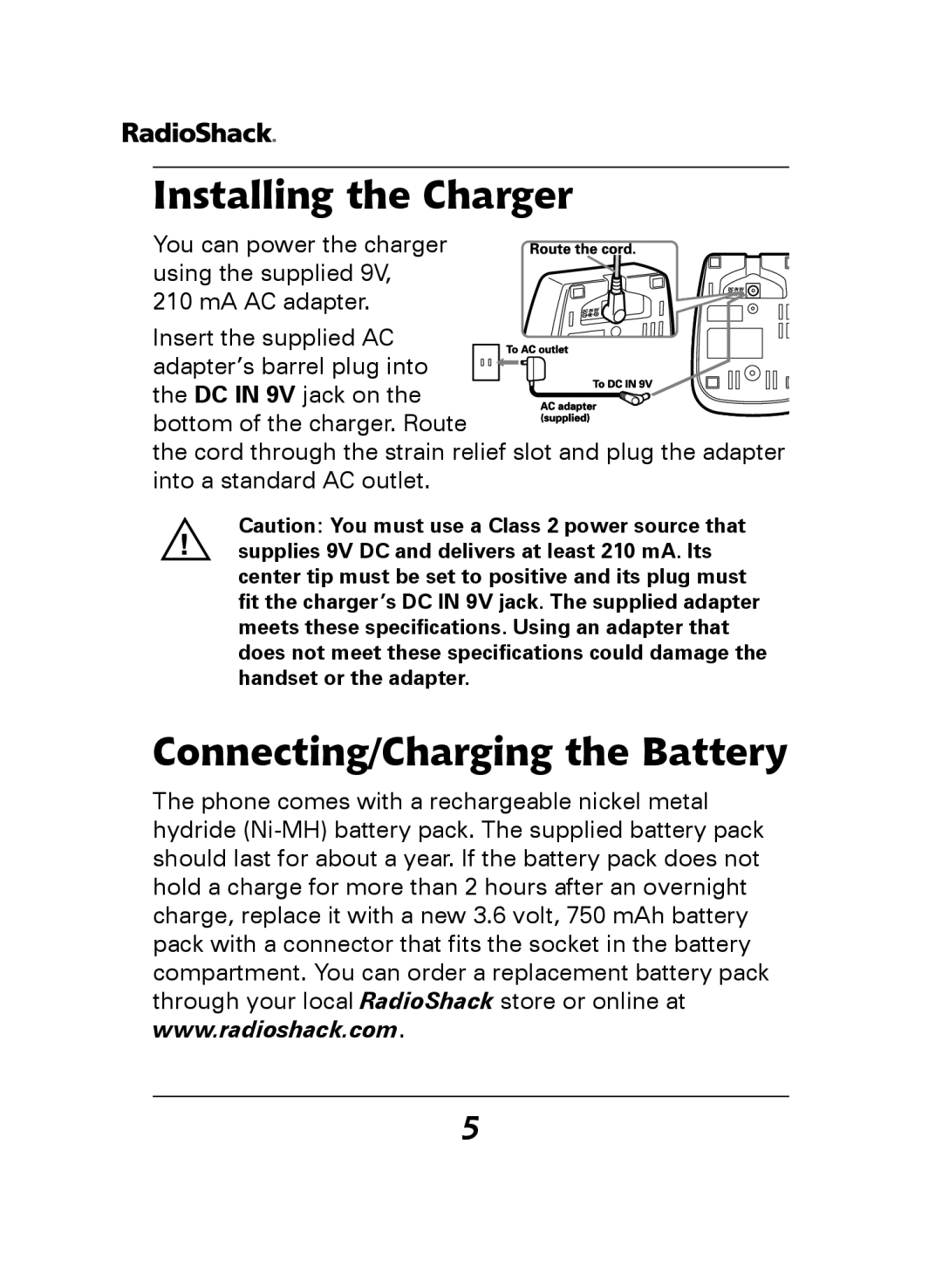 Radio Shack 43-144, 43-141 manual Installing the Charger, Connecting/Charging the Battery 