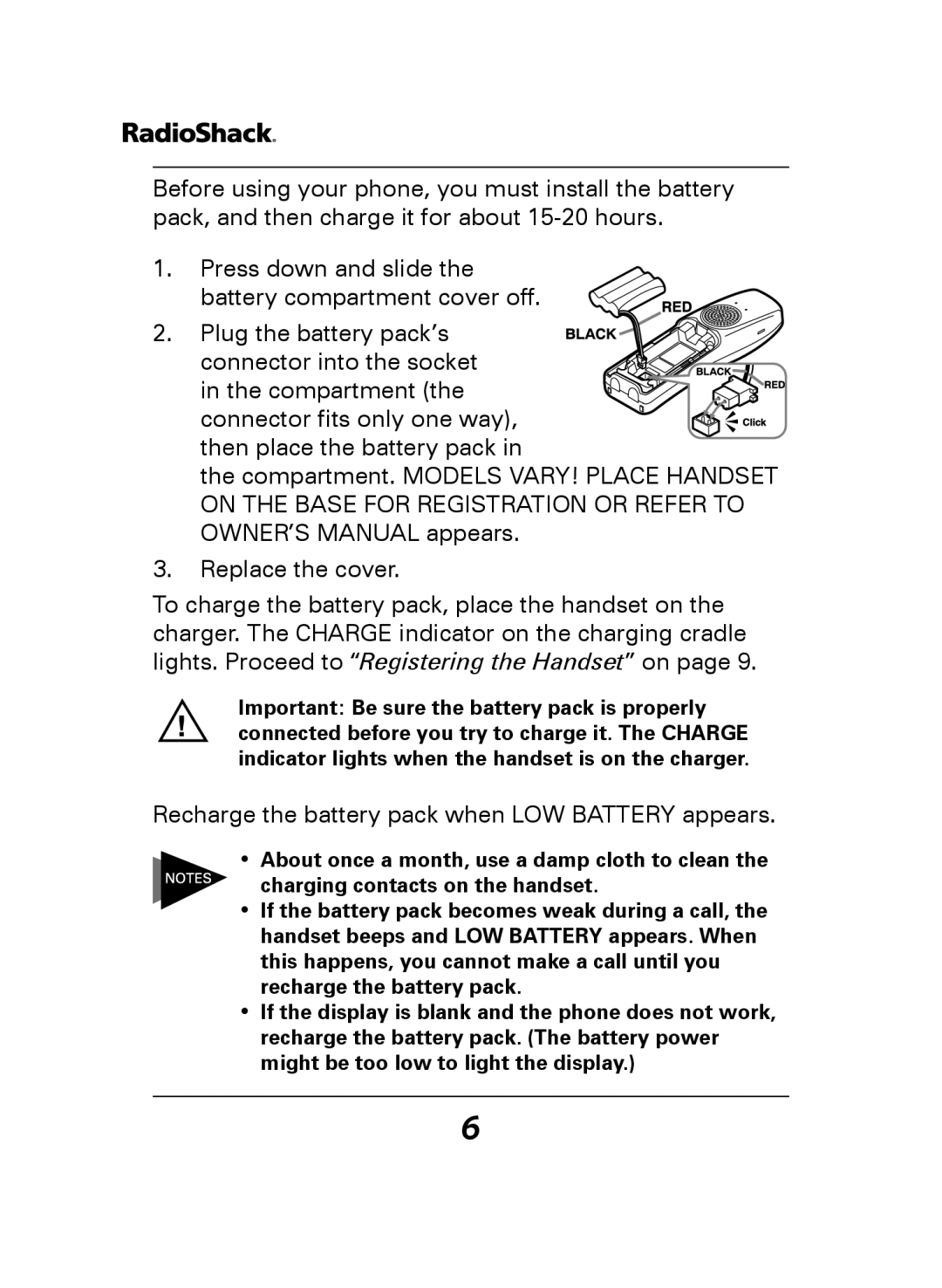 Radio Shack 43-141, 43-144 manual Recharge the battery pack when LOW Battery appears 