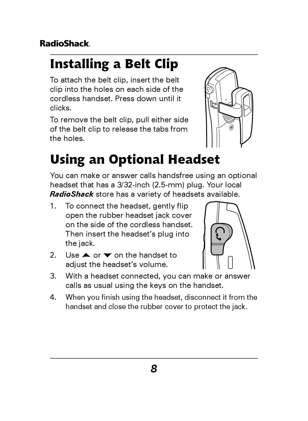 Radio Shack 43-141, 43-144 manual Installing a Belt Clip, Using an Optional Headset 