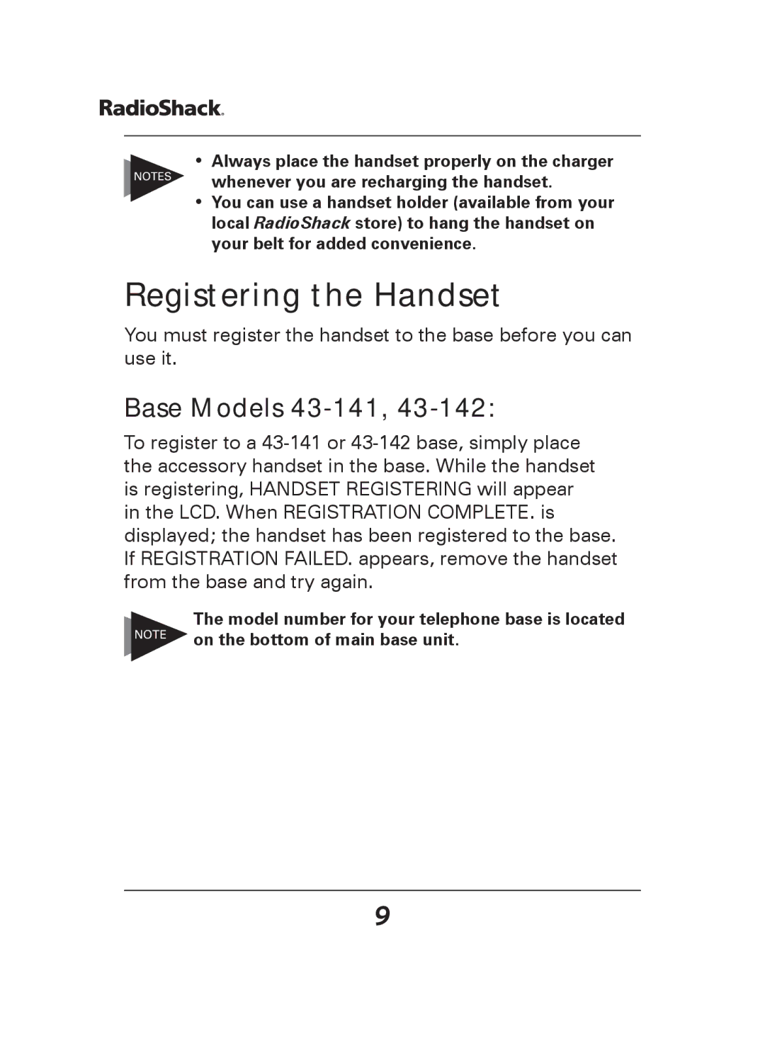 Radio Shack 43-144 manual Registering the Handset, Base Models 43-141 