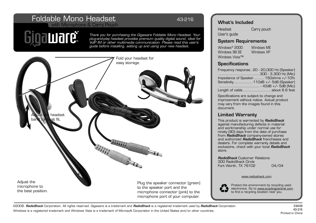Radio Shack 43-216 specifications Foldable Mono Headset, with Microphone & Carry Pouch, What’s Included, Specifications 
