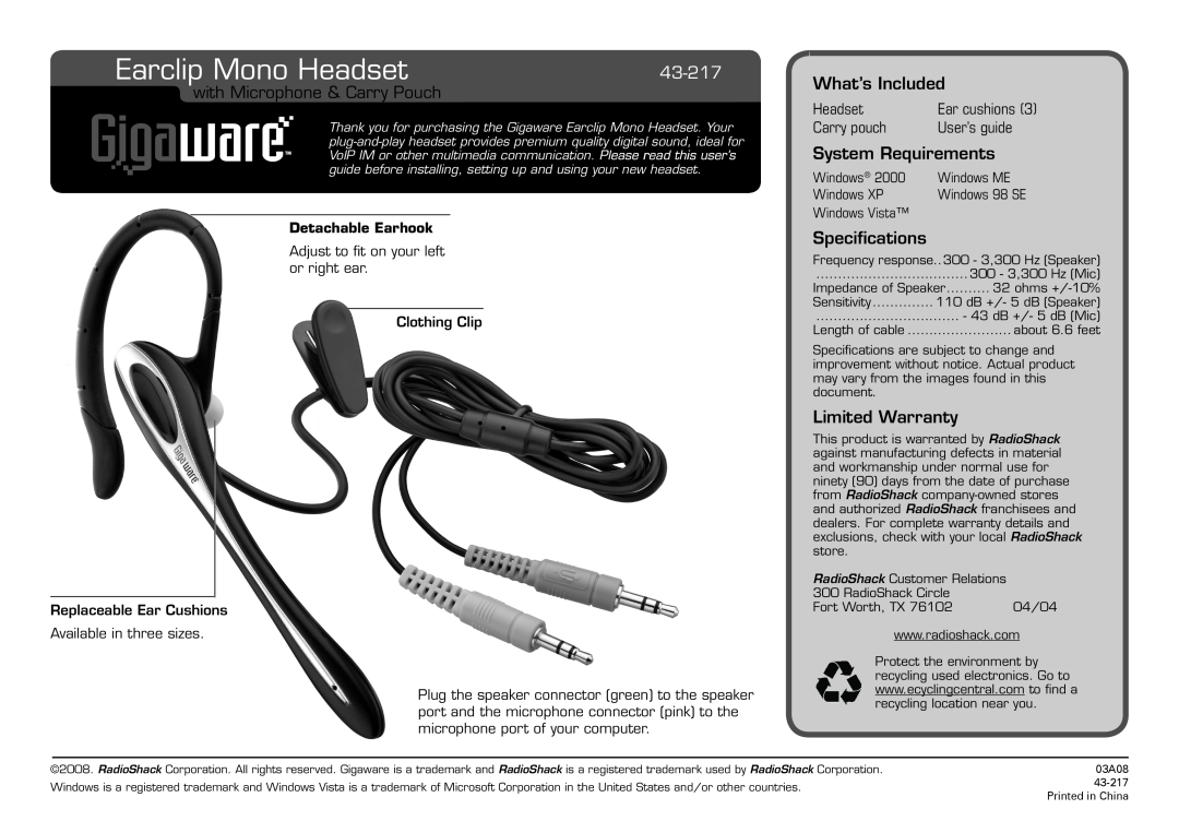 Radio Shack 43-217 specifications Earclip Mono Headset, with Microphone & Carry Pouch, What’s Included, Specifications 