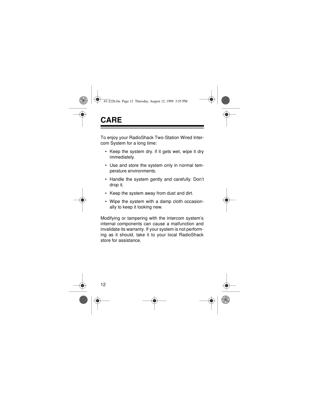 Radio Shack 43-222B owner manual Care 