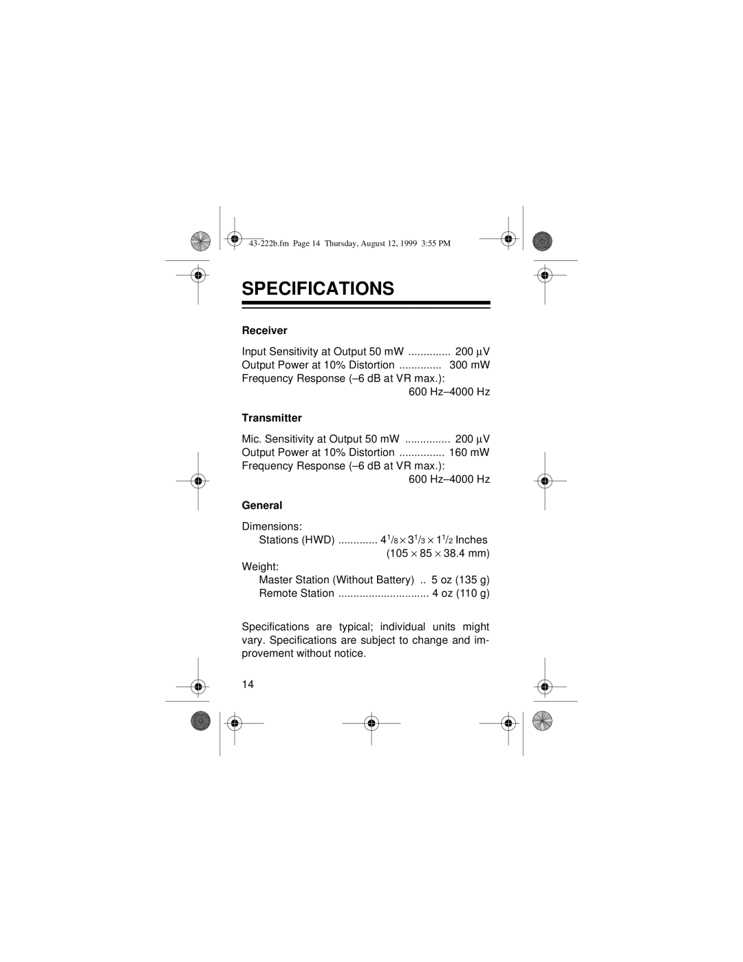 Radio Shack 43-222B owner manual Specifications, Receiver 