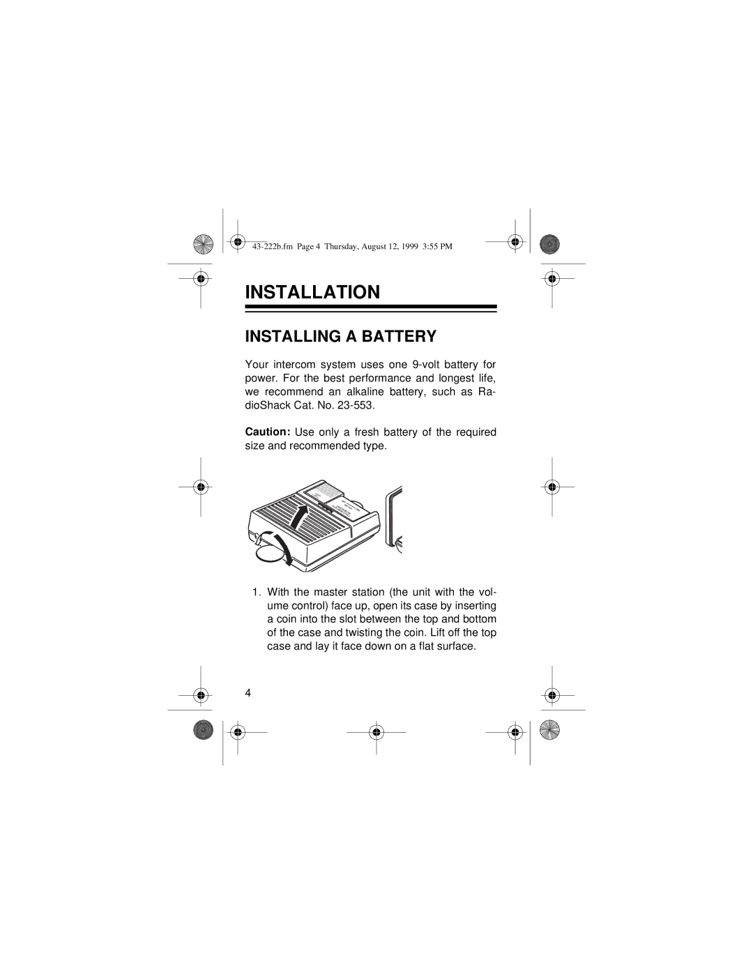 Radio Shack 43-222B owner manual Installation, Installing a Battery 