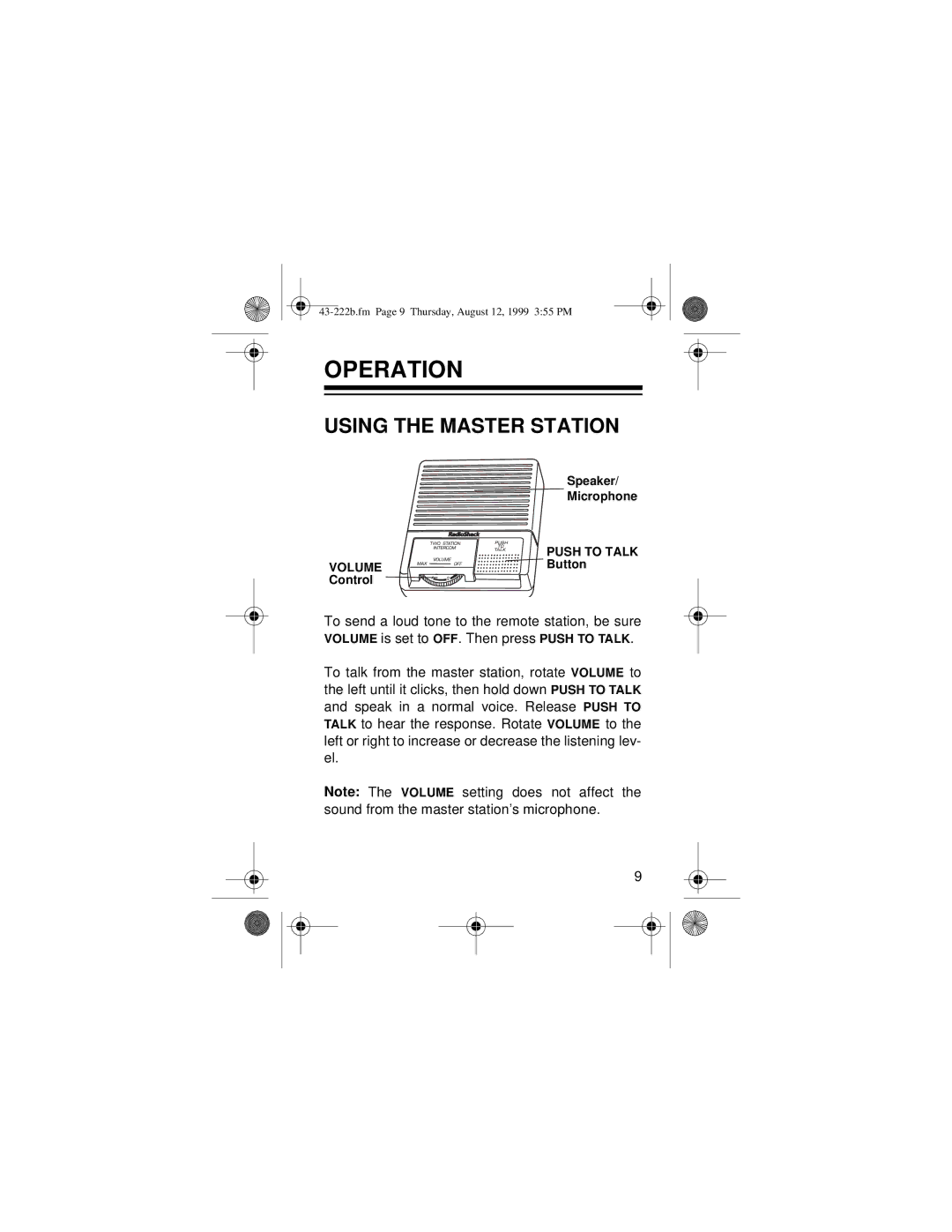 Radio Shack 43-222B owner manual Operation, Using the Master Station 