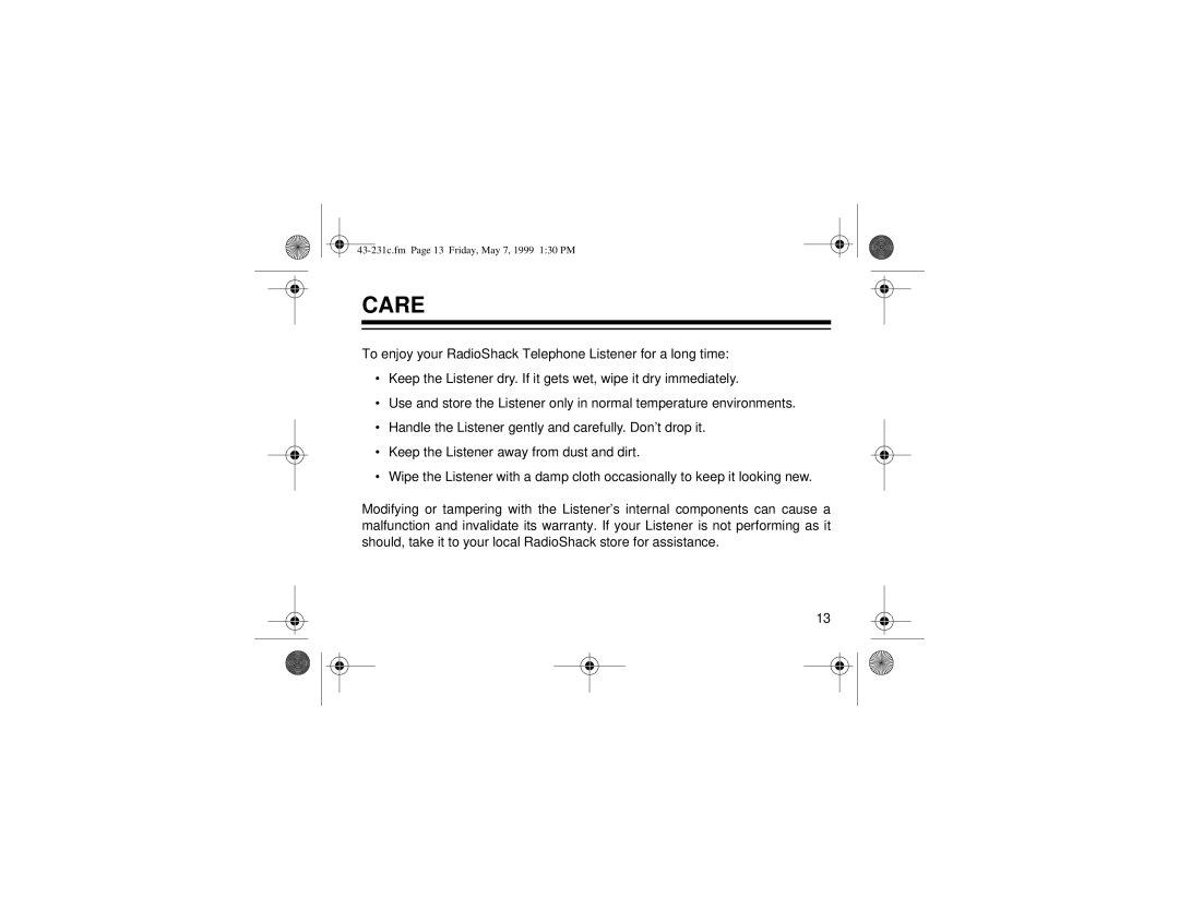 Radio Shack 43-231C owner manual Care 