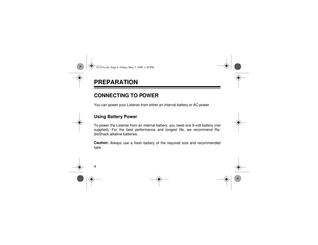 Radio Shack 43-231C owner manual Preparation, Connecting to Power 