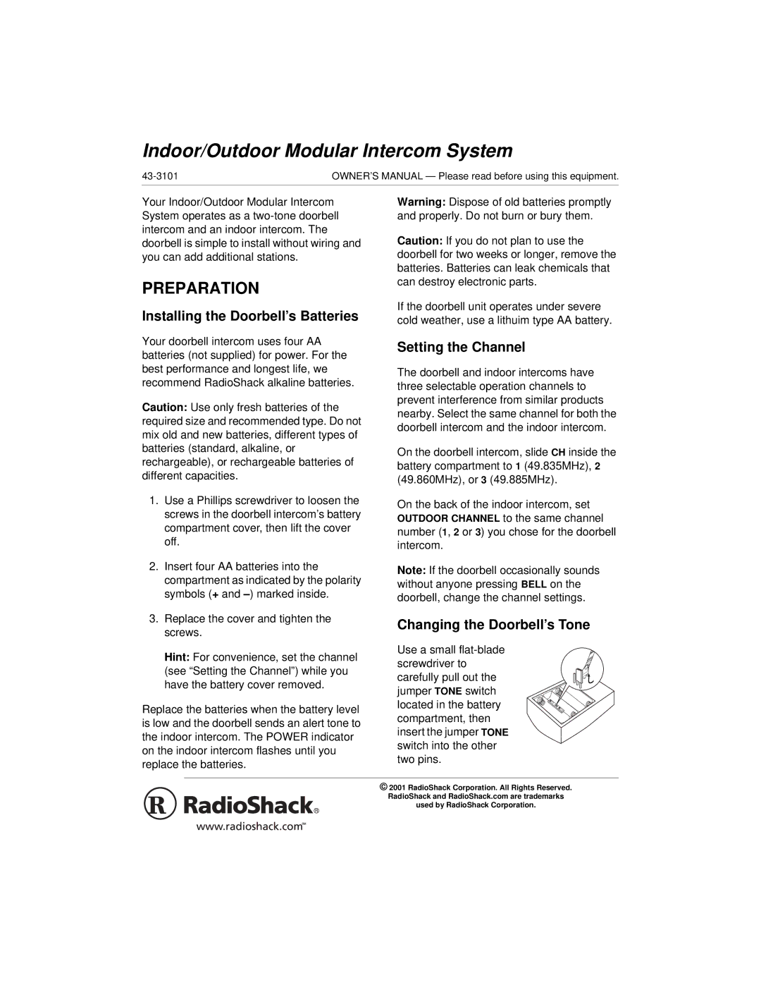 Radio Shack 43-3101 owner manual Preparation, Installing the Doorbell’s Batteries, Setting the Channel 