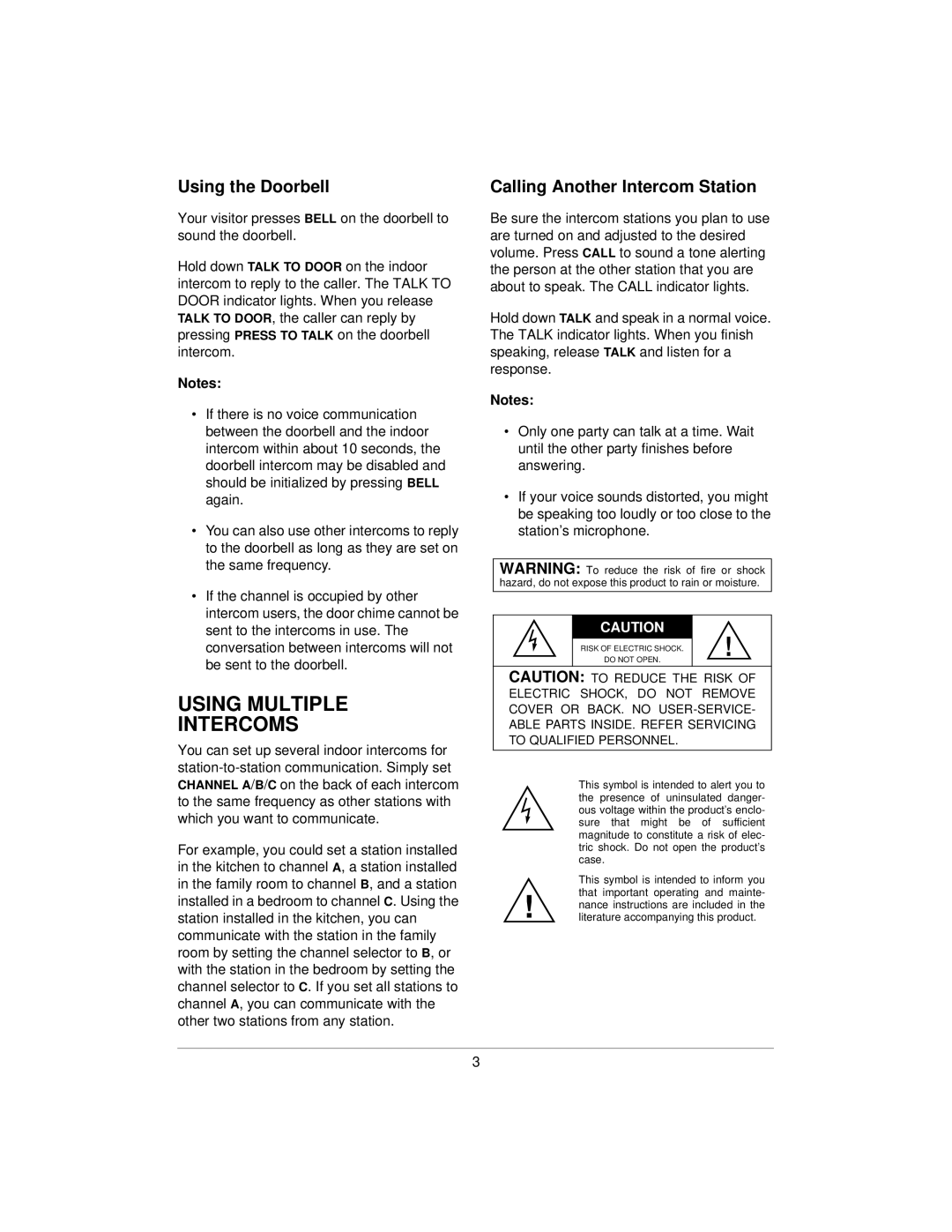 Radio Shack 43-3101 owner manual Using Multiple Intercoms, Using the Doorbell, Calling Another Intercom Station 