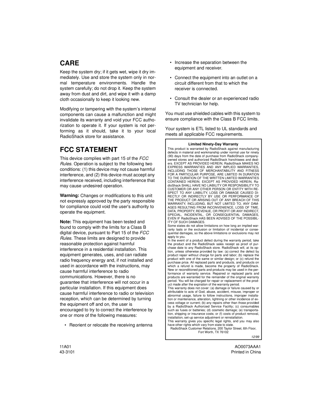 Radio Shack 43-3101 owner manual Care, FCC Statement 