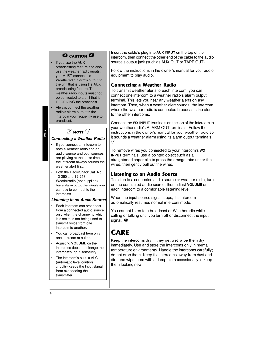 Radio Shack 43-3102 owner manual QPPGEVKPIC9GCVJGT4CFKQ, KUVGPKPIVQCP#WFKQ5QWTEG, Connecting a Weather Radio, Care 