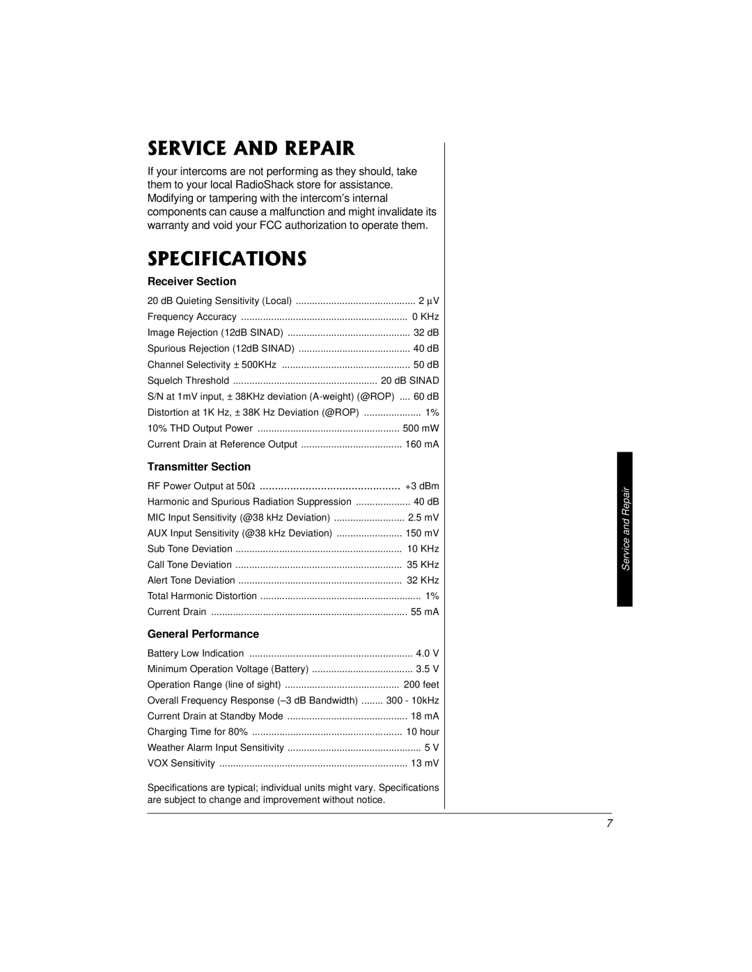 Radio Shack 43-3102 owner manual 548+%#0&42#+4, 52%++%#6+105, Receiver Section, Transmitter Section, General Performance 