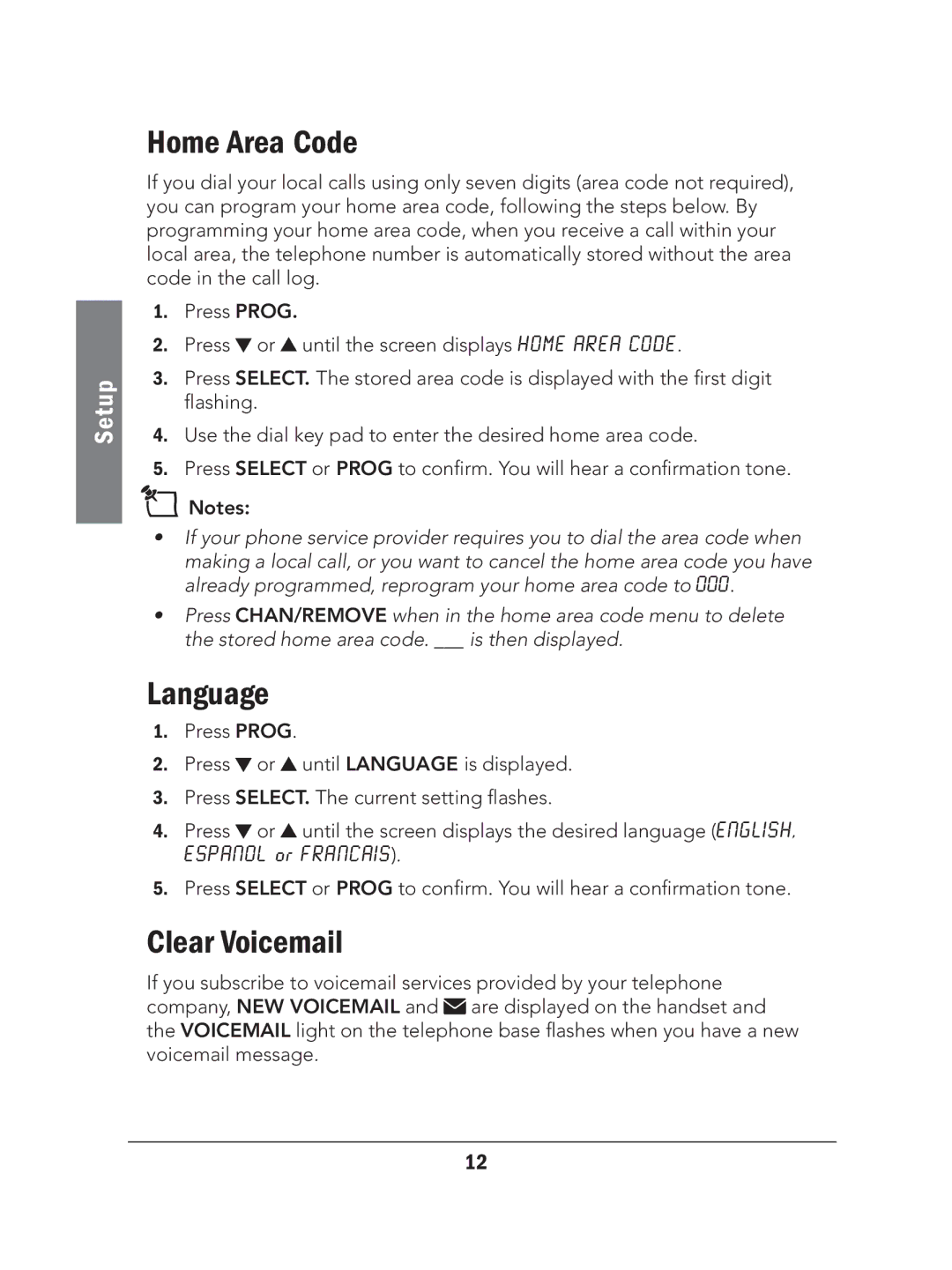 Radio Shack 43-324 manual Home Area Code, Language, Clear Voicemail 