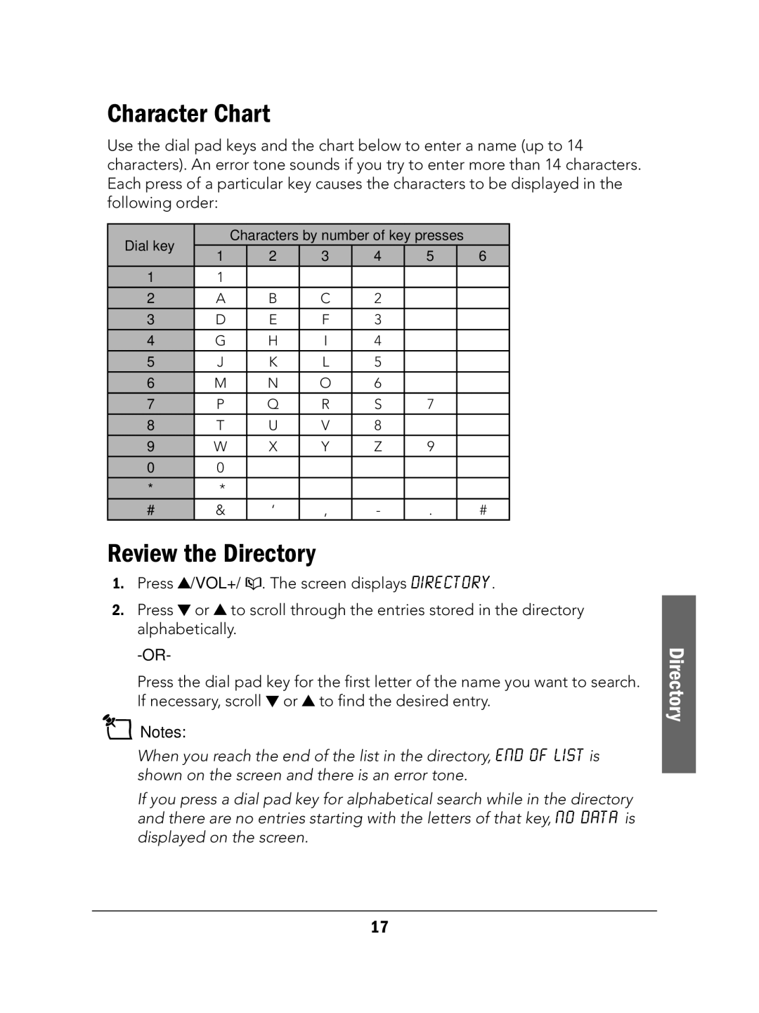 Radio Shack 43-324 manual Character Chart, Review the Directory 