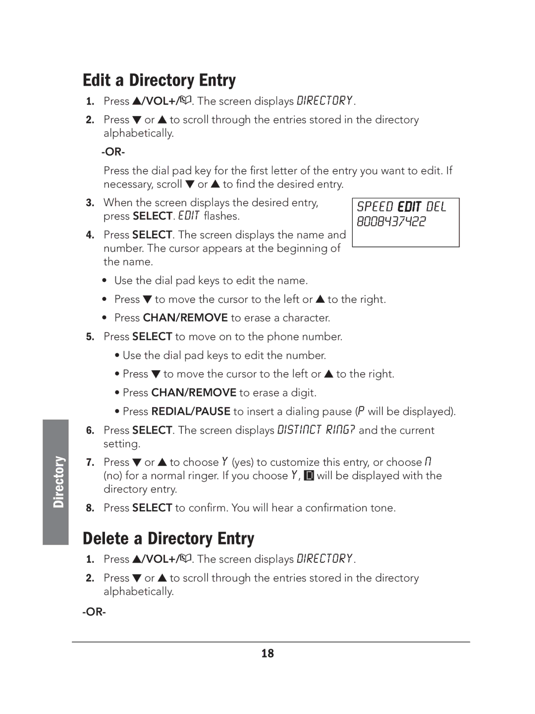 Radio Shack 43-324 manual Edit a Directory Entry, Delete a Directory Entry 