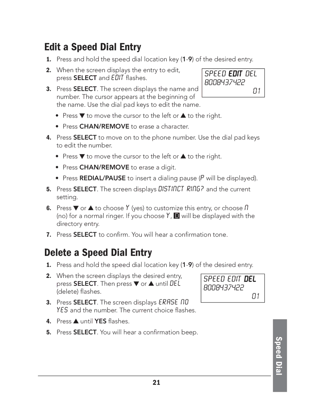 Radio Shack 43-324 manual Edit a Speed Dial Entry, Delete a Speed Dial Entry 