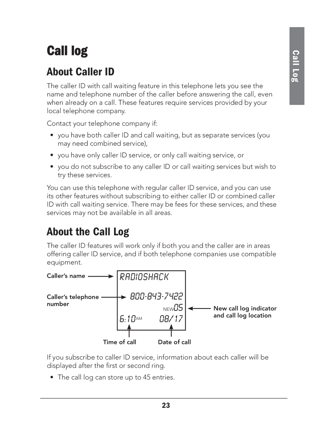 Radio Shack 43-324 manual Call log, About Caller ID, About the Call Log 