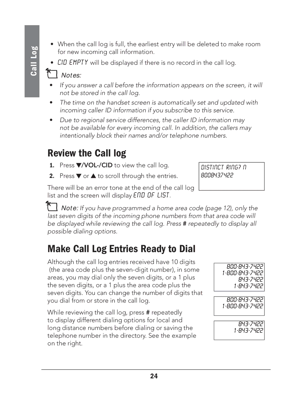 Radio Shack 43-324 manual Review the Call log, Make Call Log Entries Ready to Dial 