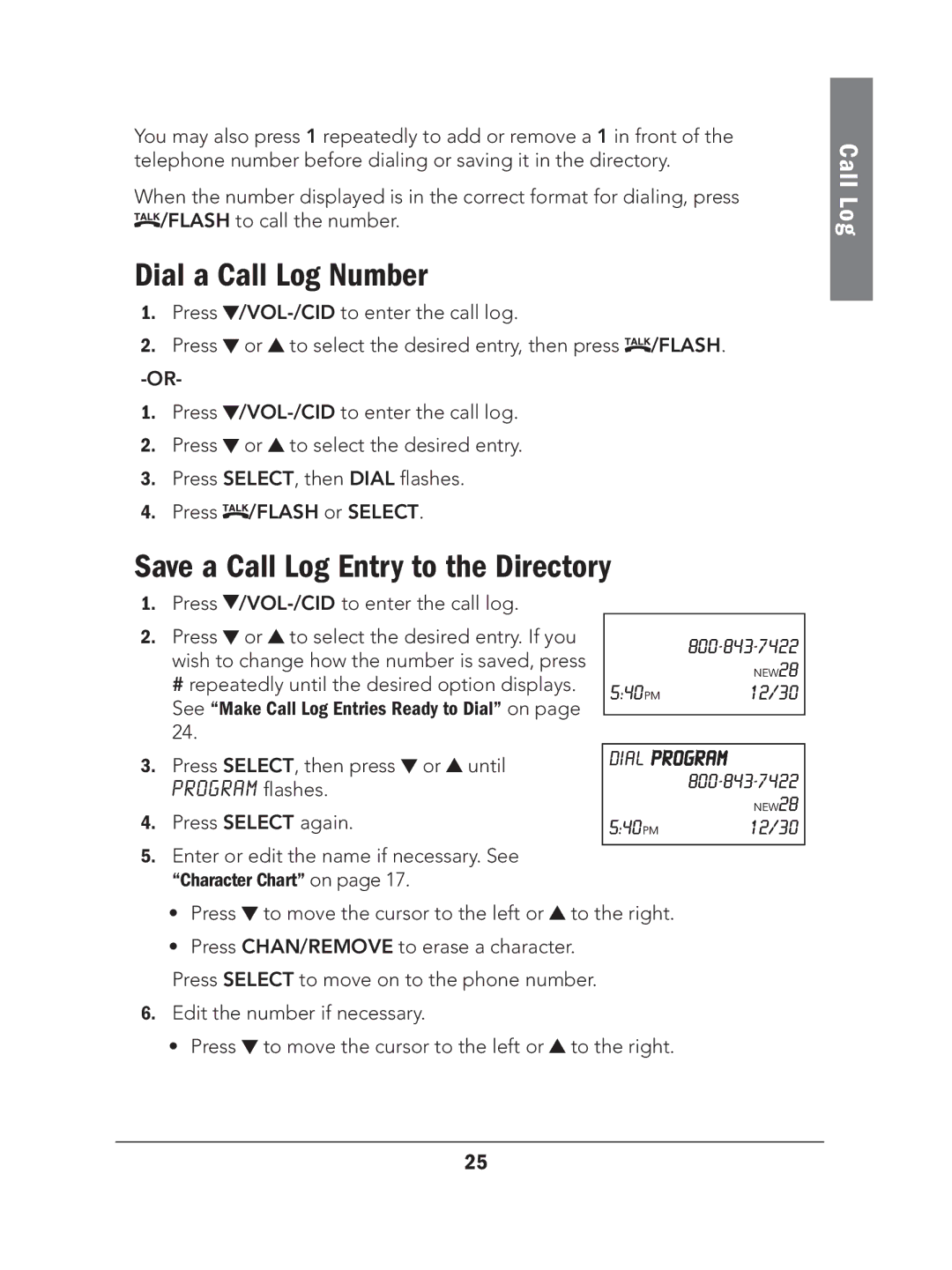 Radio Shack 43-324 manual Dial a Call Log Number, Save a Call Log Entry to the Directory 