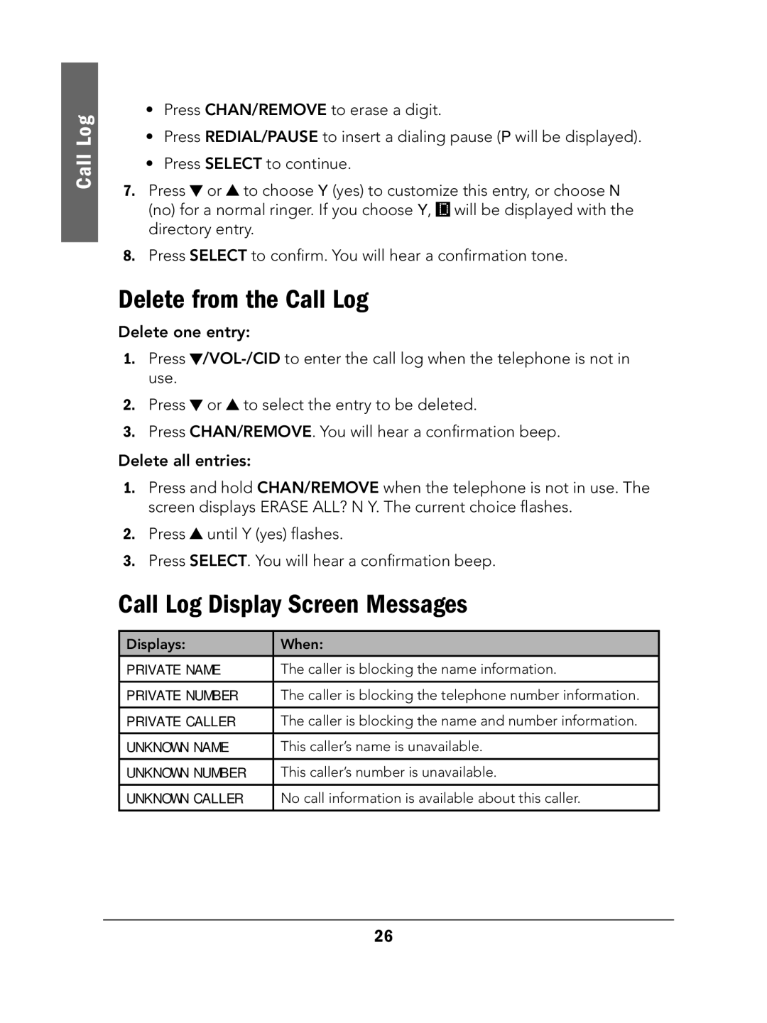 Radio Shack 43-324 manual Delete from the Call Log, Call Log Display Screen Messages 