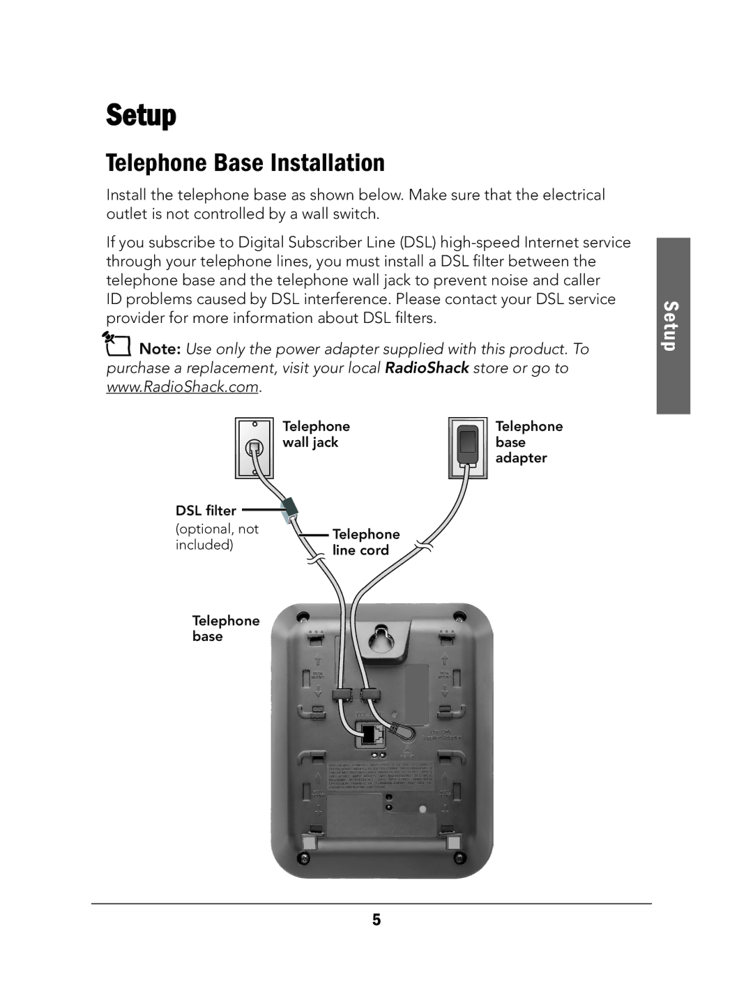 Radio Shack 43-324 manual Setup, Telephone Base Installation 