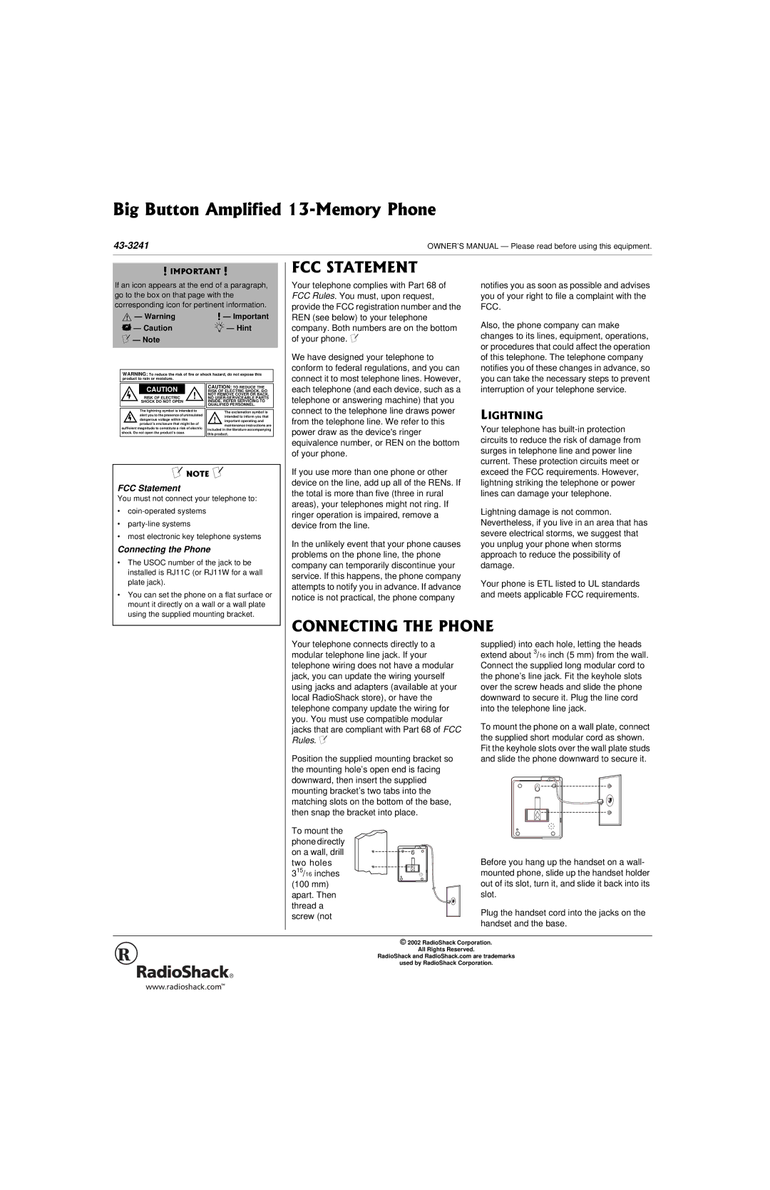 Radio Shack 43-3241 owner manual 56#6/06, 100%6+06*2*10, +*60+0, FCC Statement, Connecting the Phone 