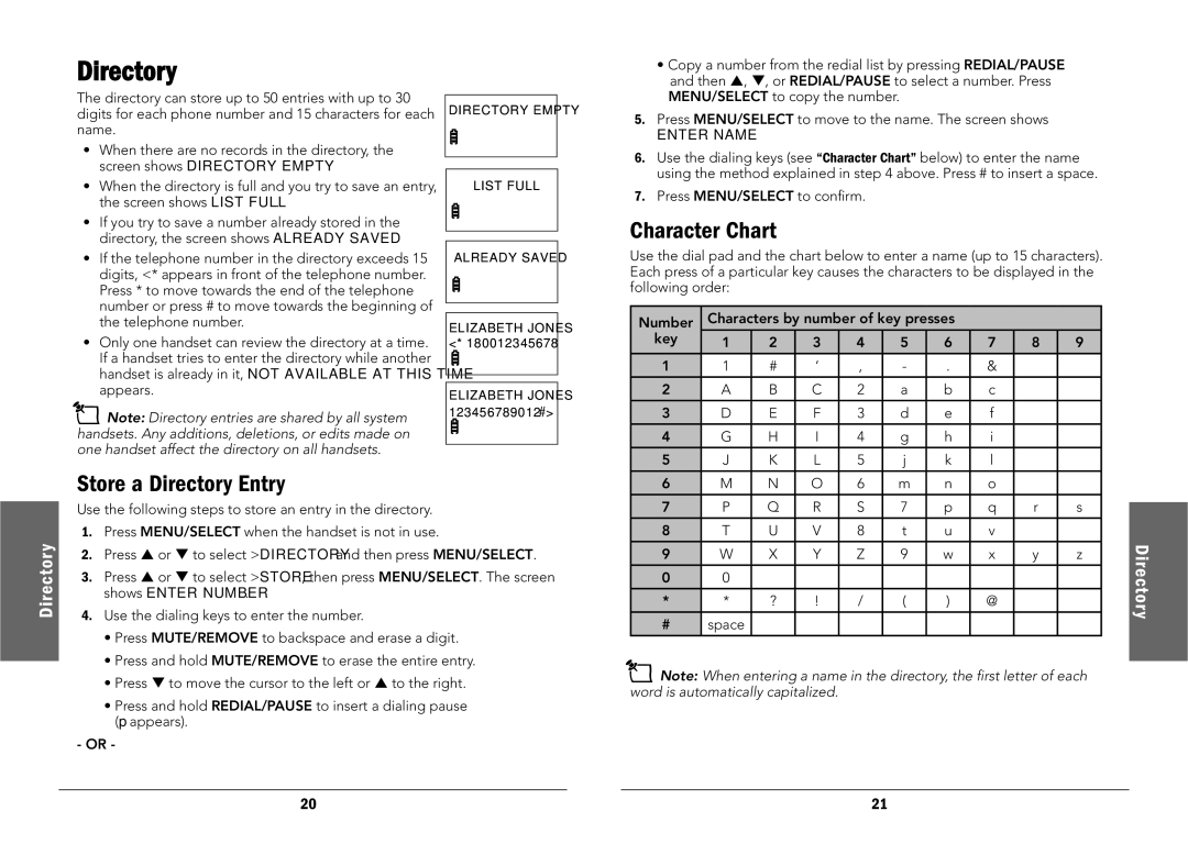 Radio Shack 43-325, 43-326 manual Character Chart, Store a Directory Entry 