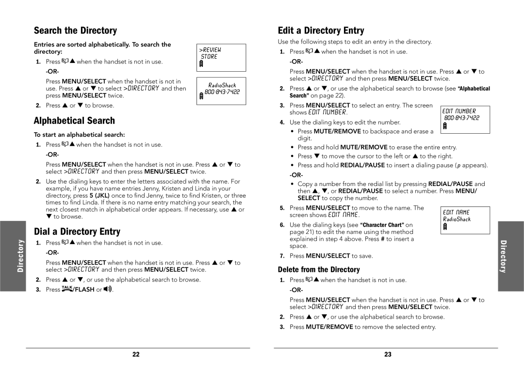 Radio Shack 43-326, 43-325 manual Search the Directory, Edit a Directory Entry, Alphabetical Search, Dial a Directory Entry 