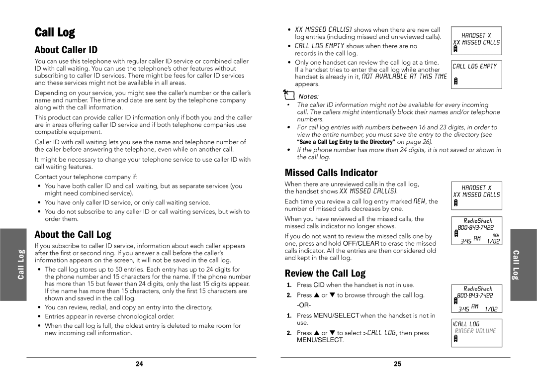 Radio Shack 43-325, 43-326 manual About Caller ID, About the Call Log, Missed Calls Indicator, Review the Call Log 