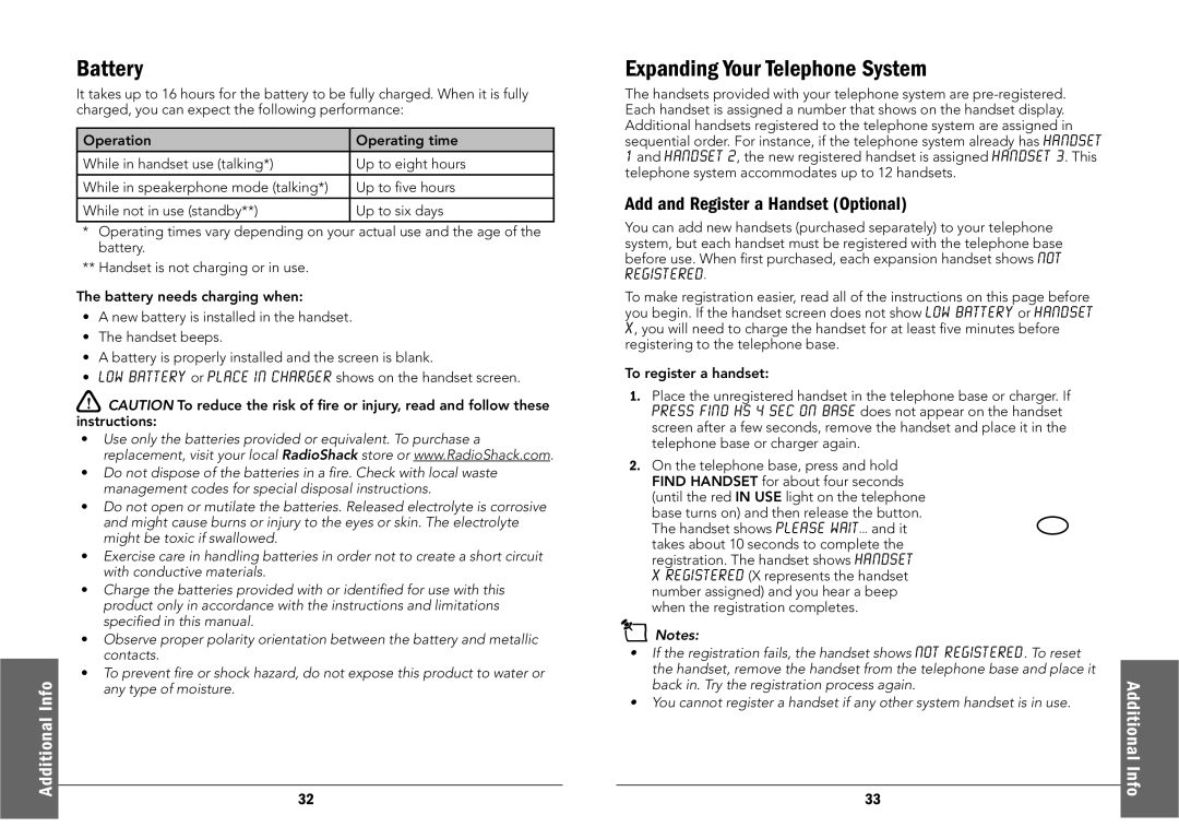 Radio Shack 43-325, 43-326 manual Battery, Expanding Your Telephone System, Add and Register a Handset Optional 