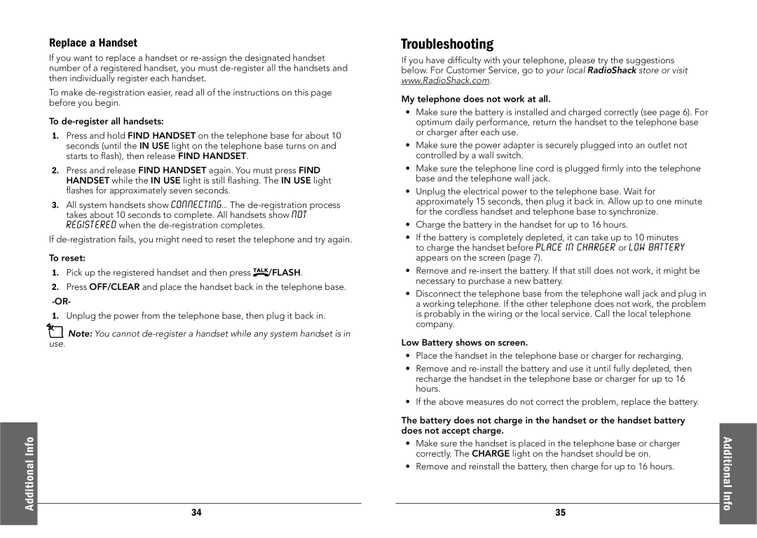 Radio Shack 43-326, 43-325 manual Troubleshooting, Replace a Handset 