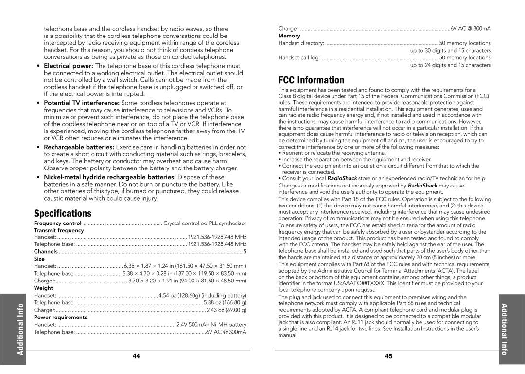 Radio Shack 43-325, 43-326 manual Specifications, FCC Information 