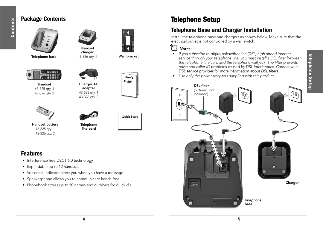 Radio Shack 43-325, 43-326 manual Telephone Setup, Package Contents, Features, Telephone Base and Charger Installation 