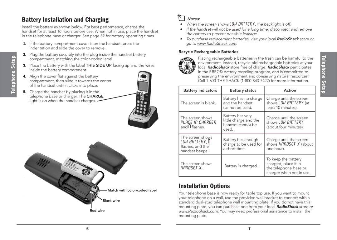 Radio Shack 43-326, 43-325 manual Battery Installation and Charging, Installation Options 