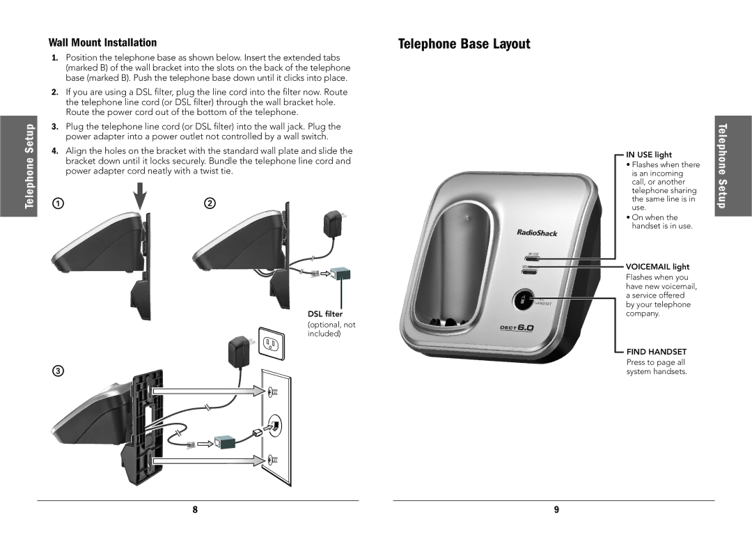 Radio Shack 43-325, 43-326 manual Telephone Base Layout, Wall Mount Installation 