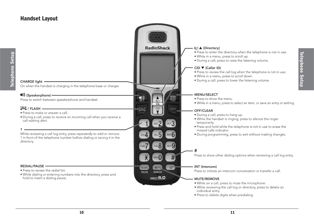 Radio Shack 43-326, 43-325 manual Handset Layout, Setup 