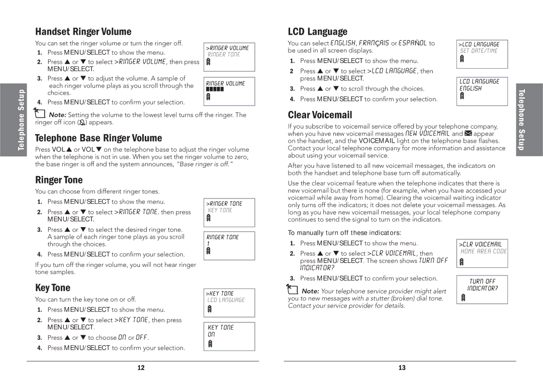 Radio Shack 43-325, 43-326 Handset Ringer Volume, LCD Language, Clear Voicemail, Telephone Base Ringer Volume, Ringer Tone 